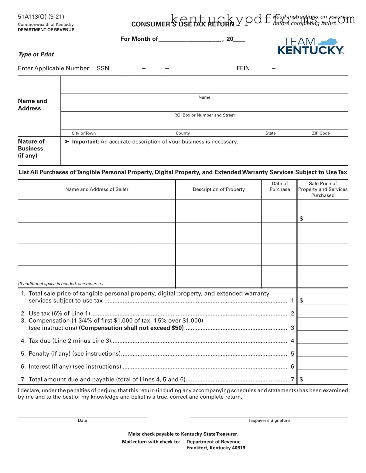 Fill Out Your Kentucky 51A113 Form