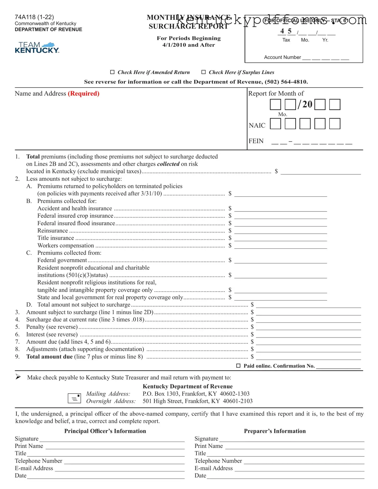 Fill Out Your Kentucky 74A118 Form