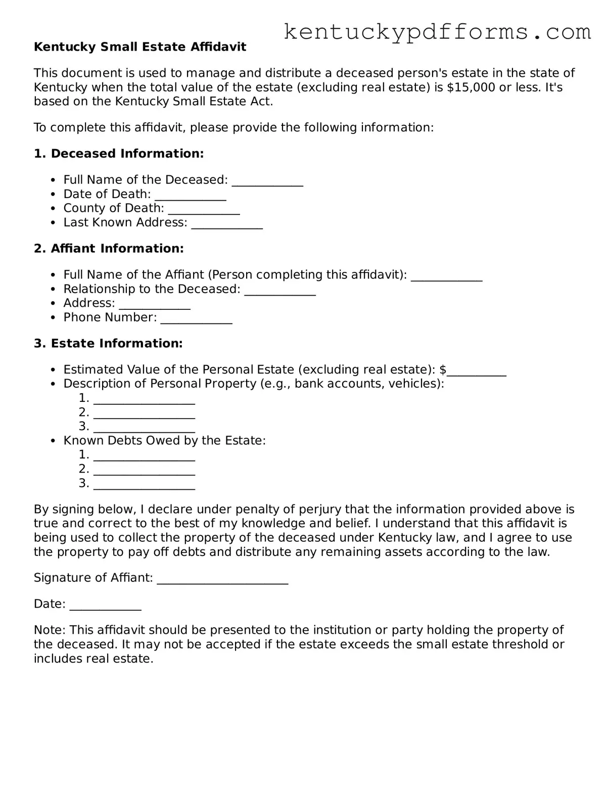 Kentucky Small Estate Affidavit Document