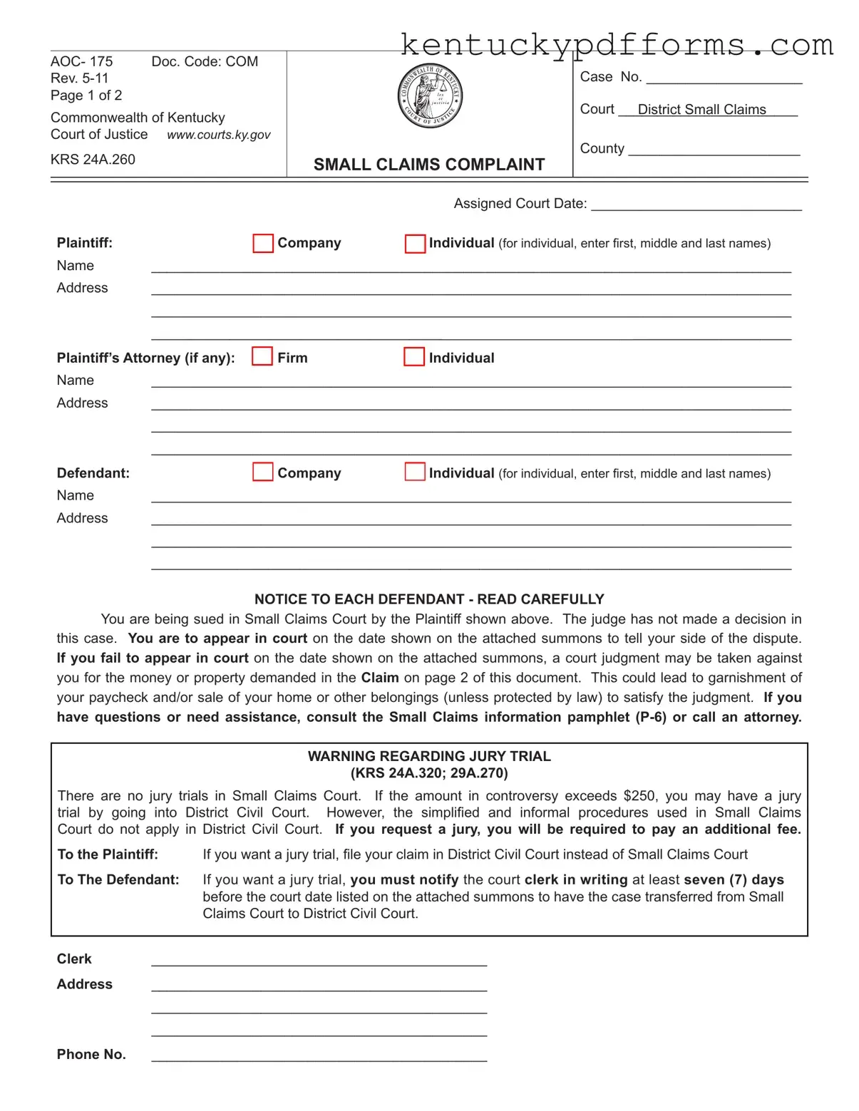 Fill Out Your Kentucky Aoc 175 Form