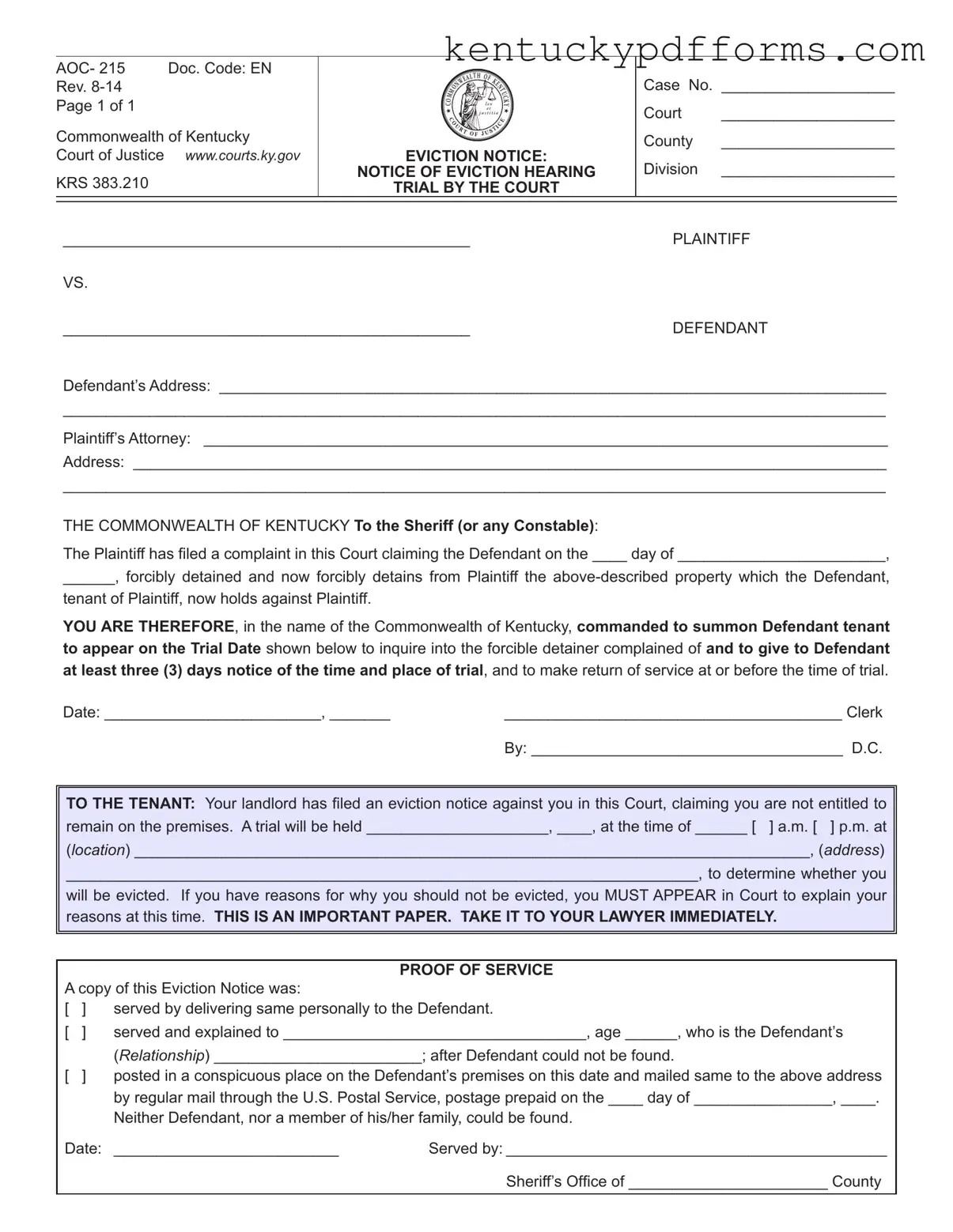 Fill Out Your Kentucky Aoc 215 Form