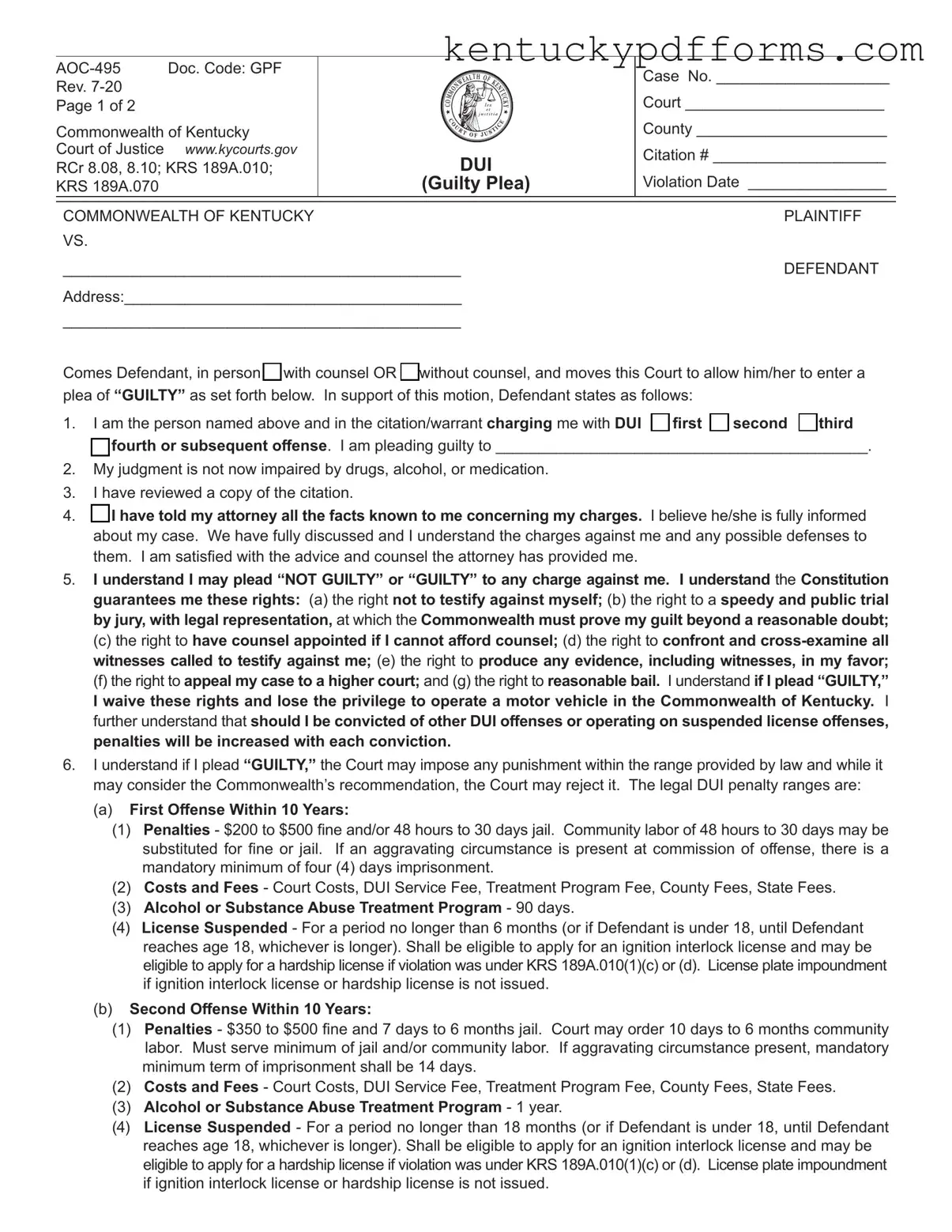 Fill Out Your Kentucky Aoc 495 Form