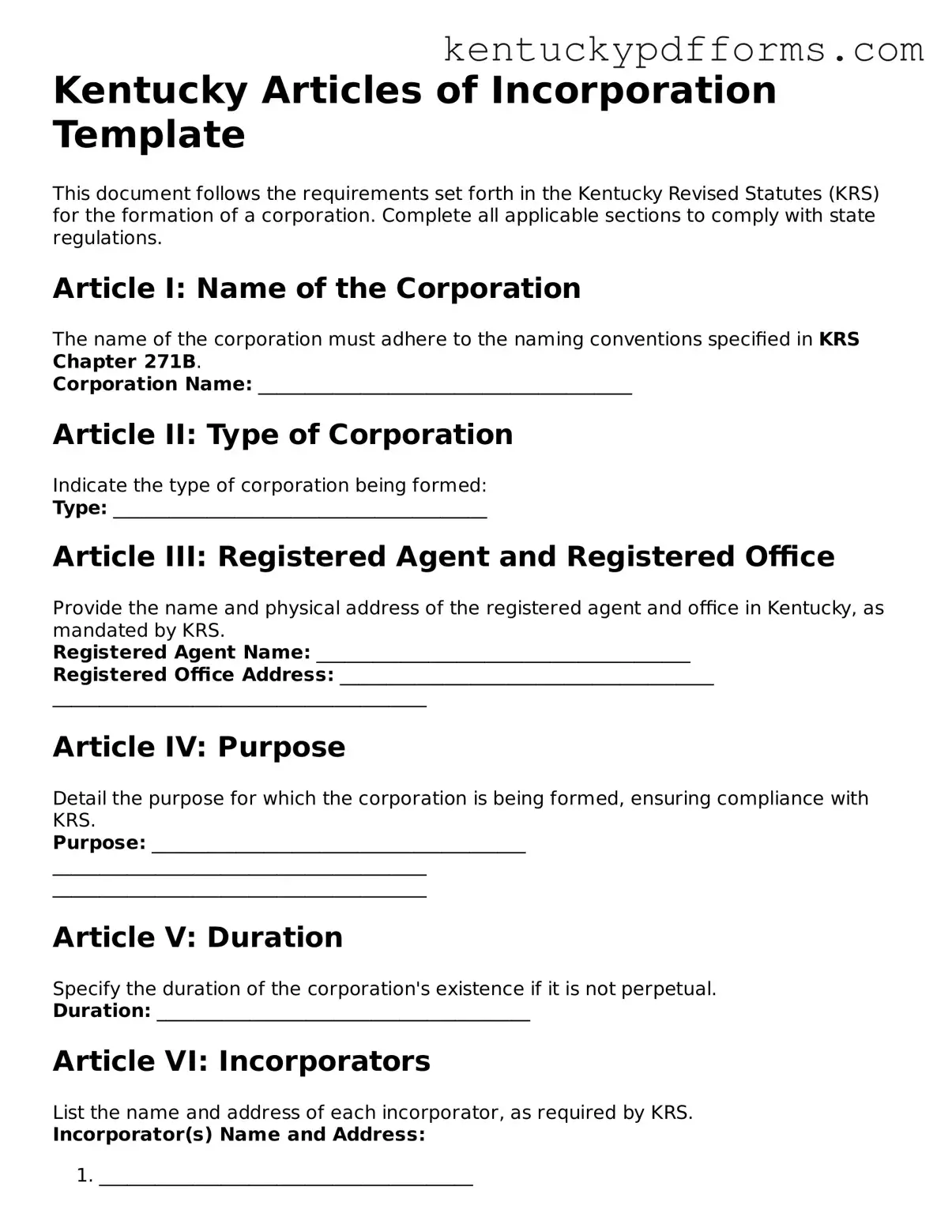 Kentucky Articles of Incorporation Document