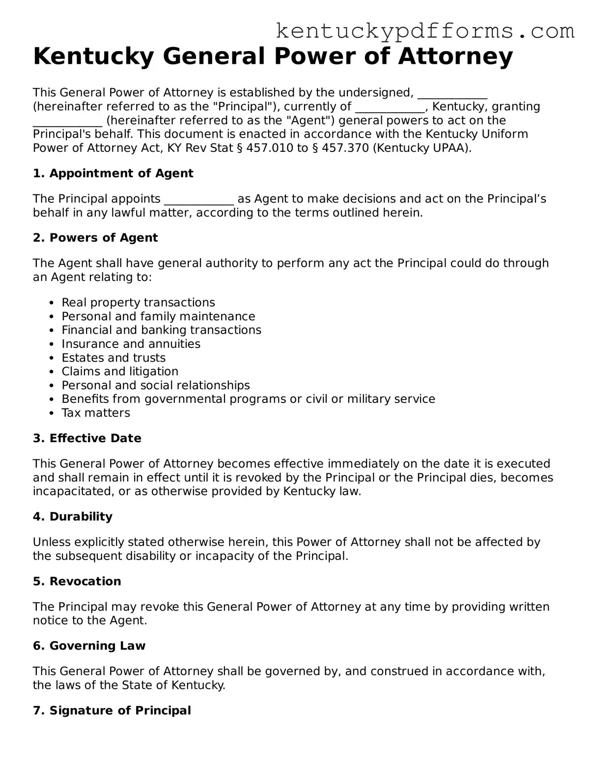 Kentucky General Power of Attorney Document