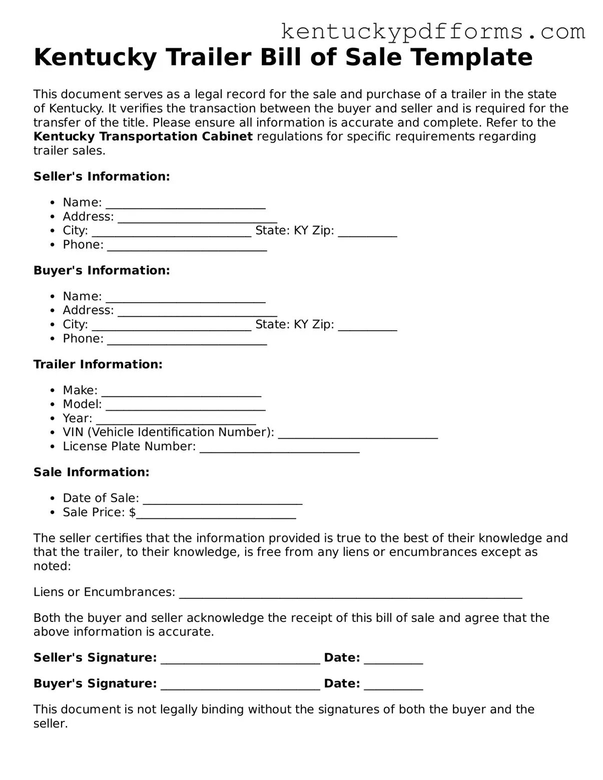 Kentucky Trailer Bill of Sale Document