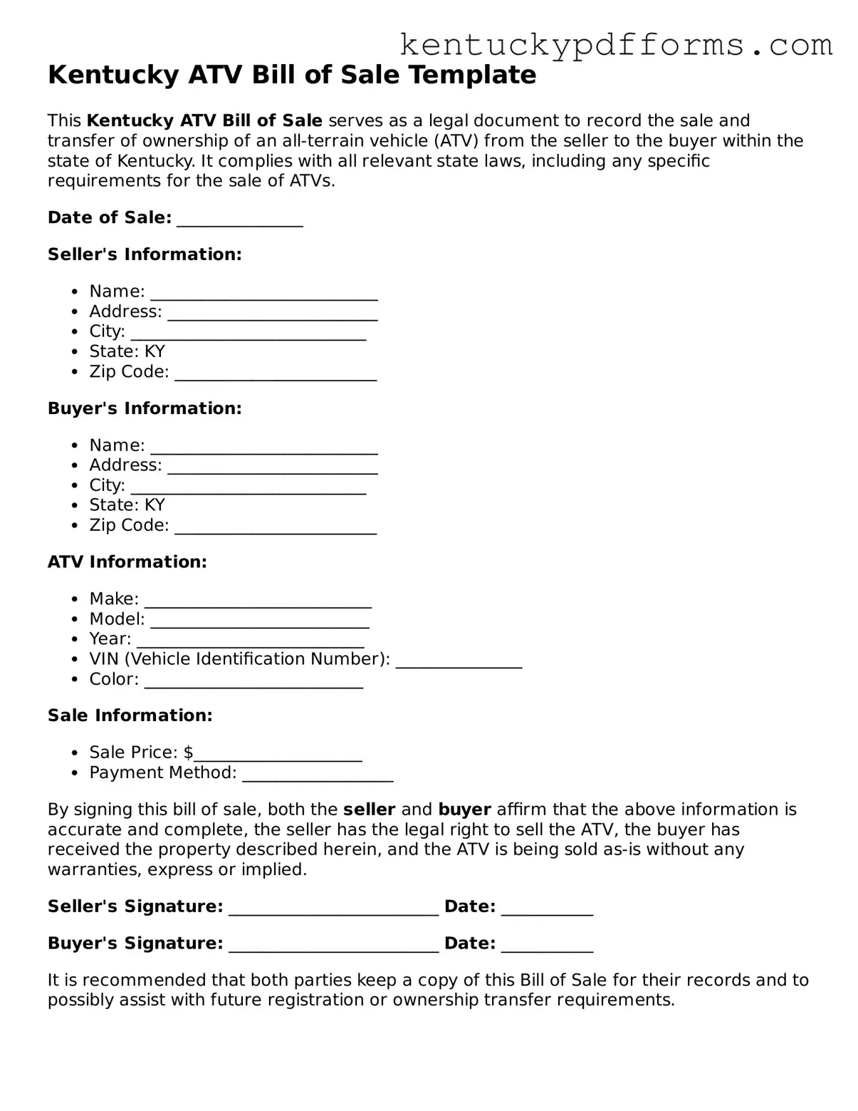 Kentucky ATV Bill of Sale Document