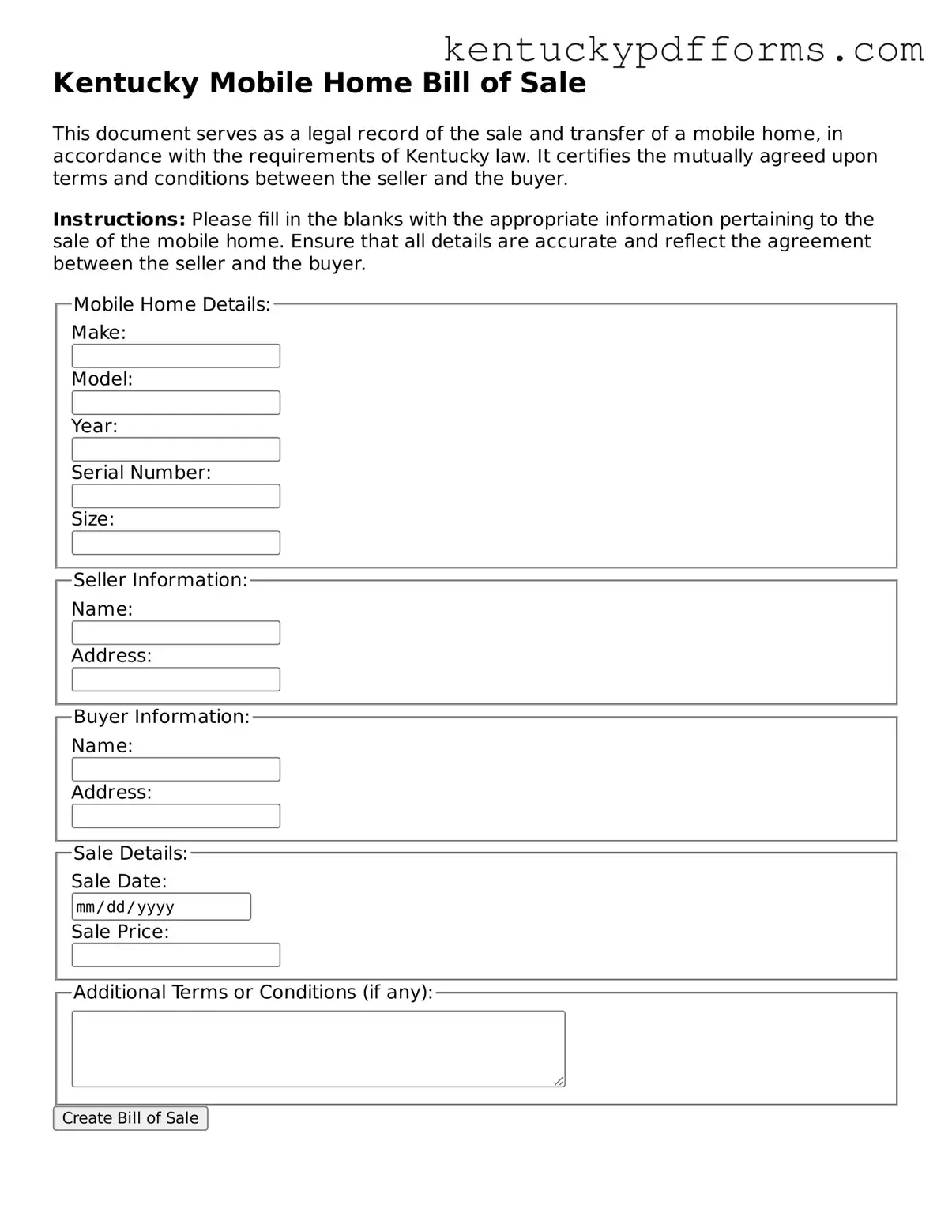 Kentucky Mobile Home Bill of Sale Document