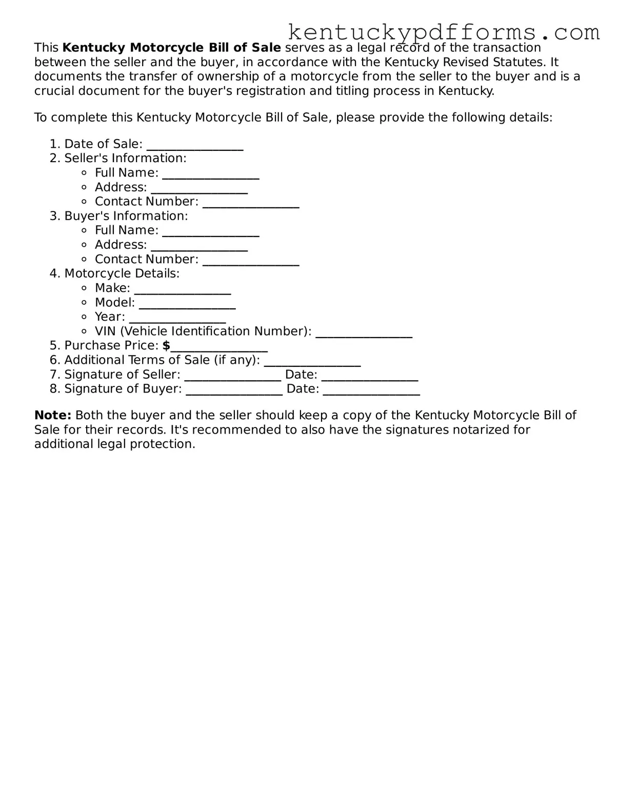 Kentucky Motorcycle Bill of Sale Document