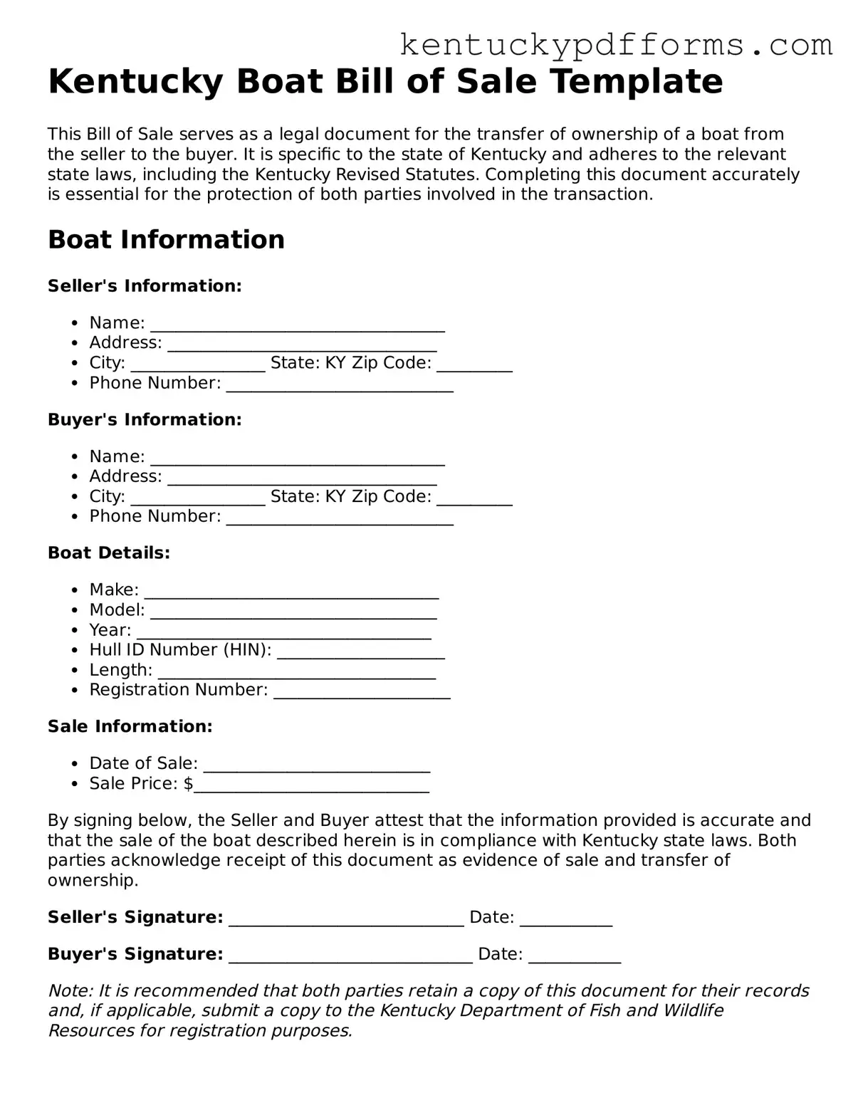 Kentucky Boat Bill of Sale Document