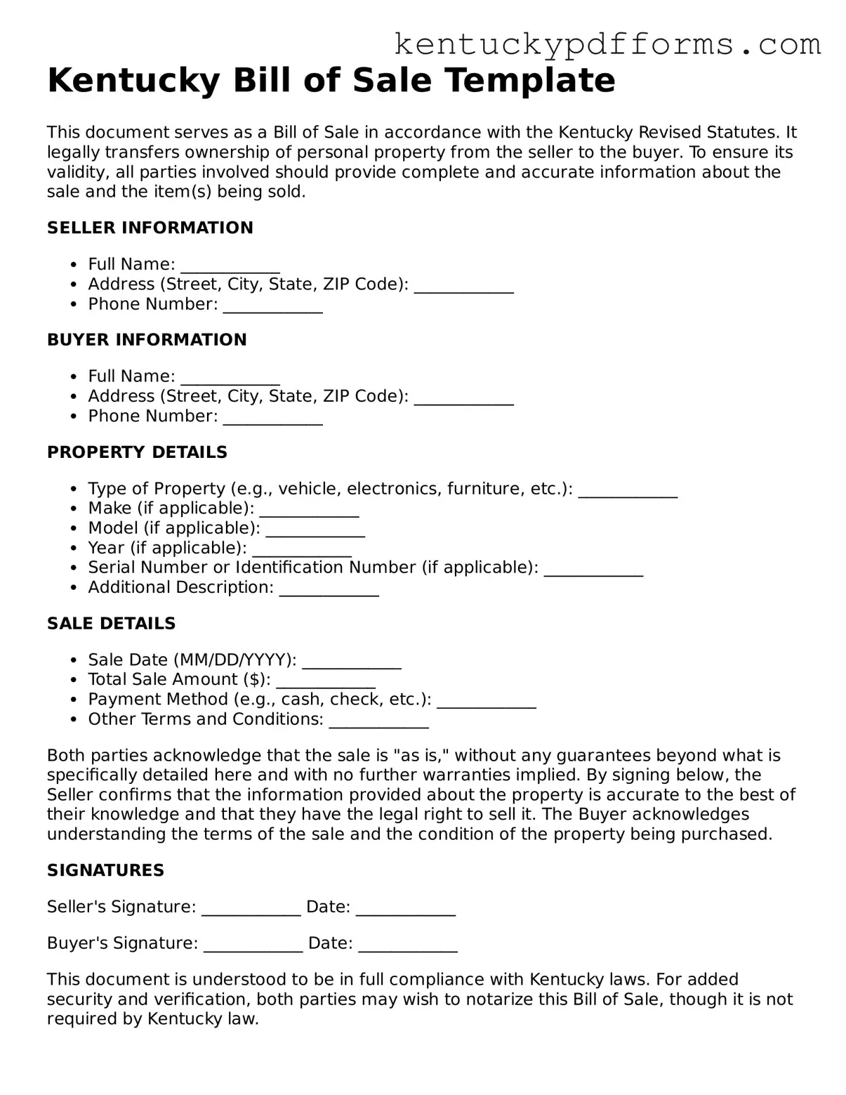 Kentucky Bill of Sale Document