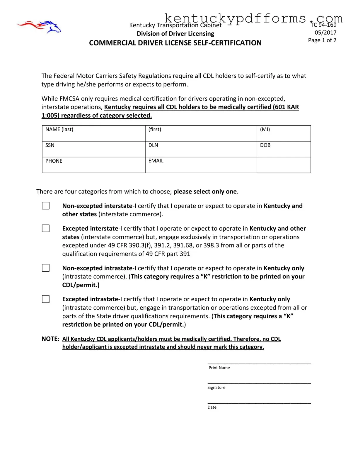 Fill Out Your Kentucky Cdl Self Certification Form