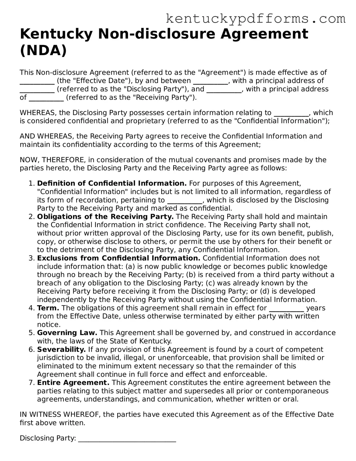 Kentucky Non-disclosure Agreement Document