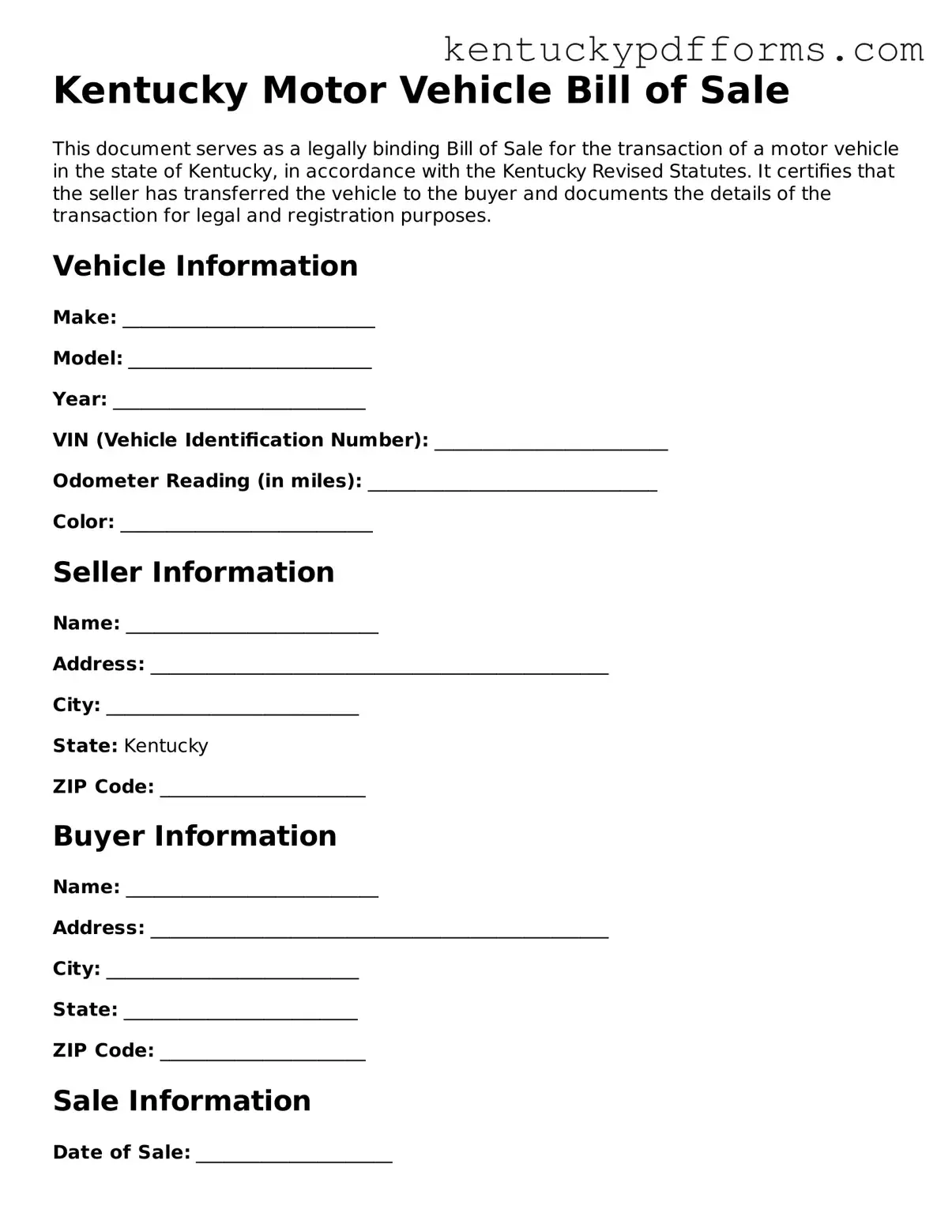 Kentucky Motor Vehicle Bill of Sale Document