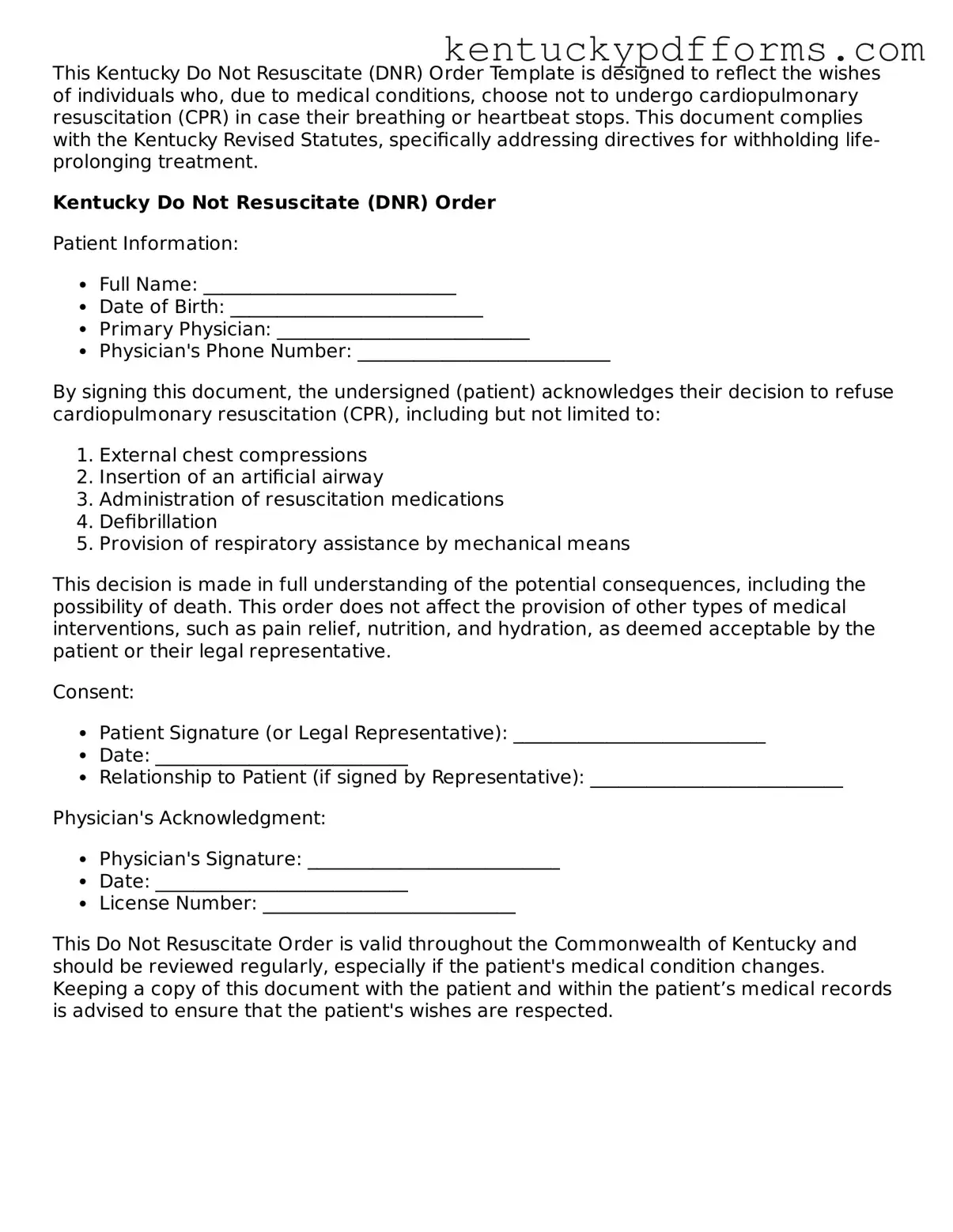 Kentucky Do Not Resuscitate Order Document