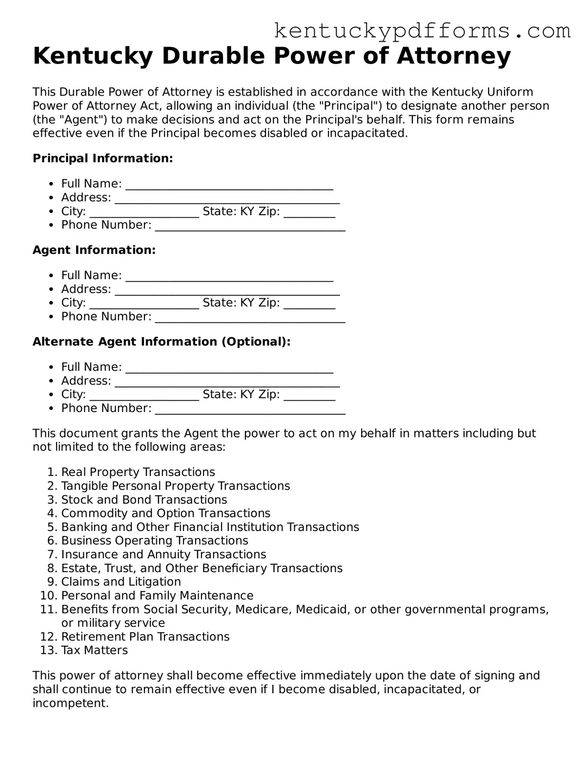 Kentucky Durable Power of Attorney Document