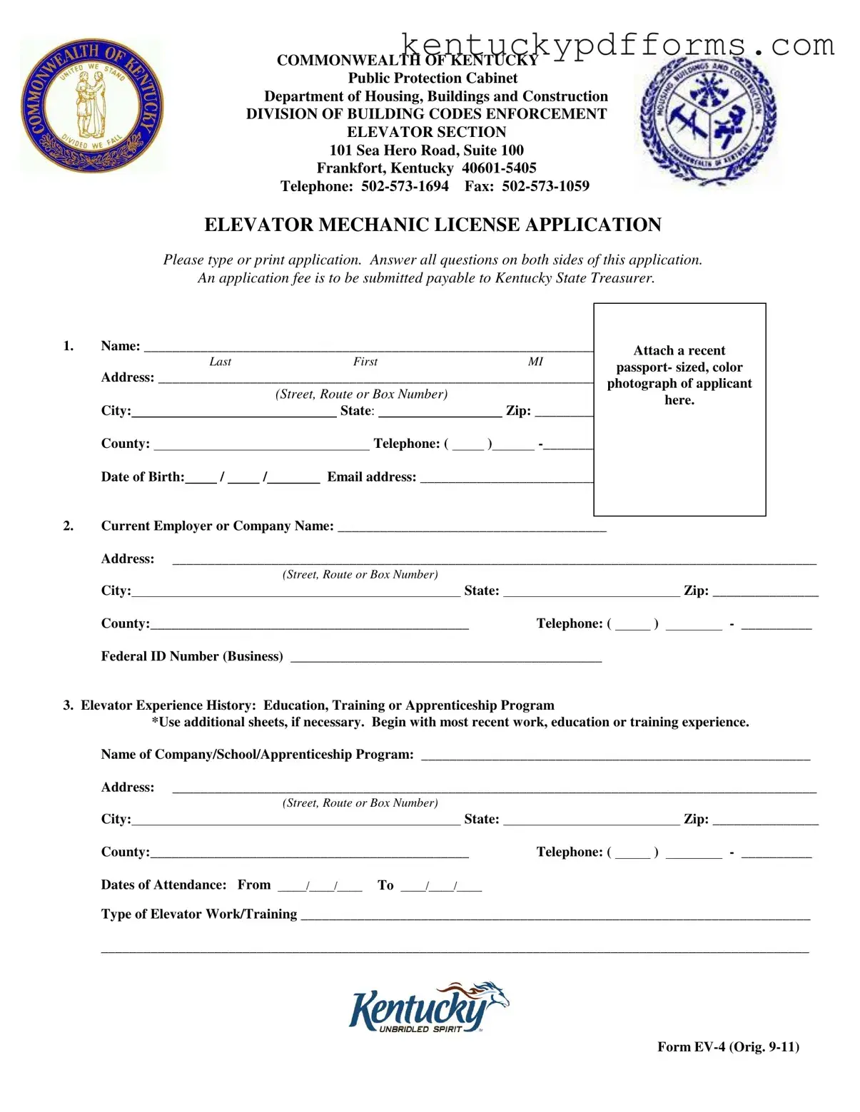 Fill Out Your Kentucky Elevator Mechanic License Form