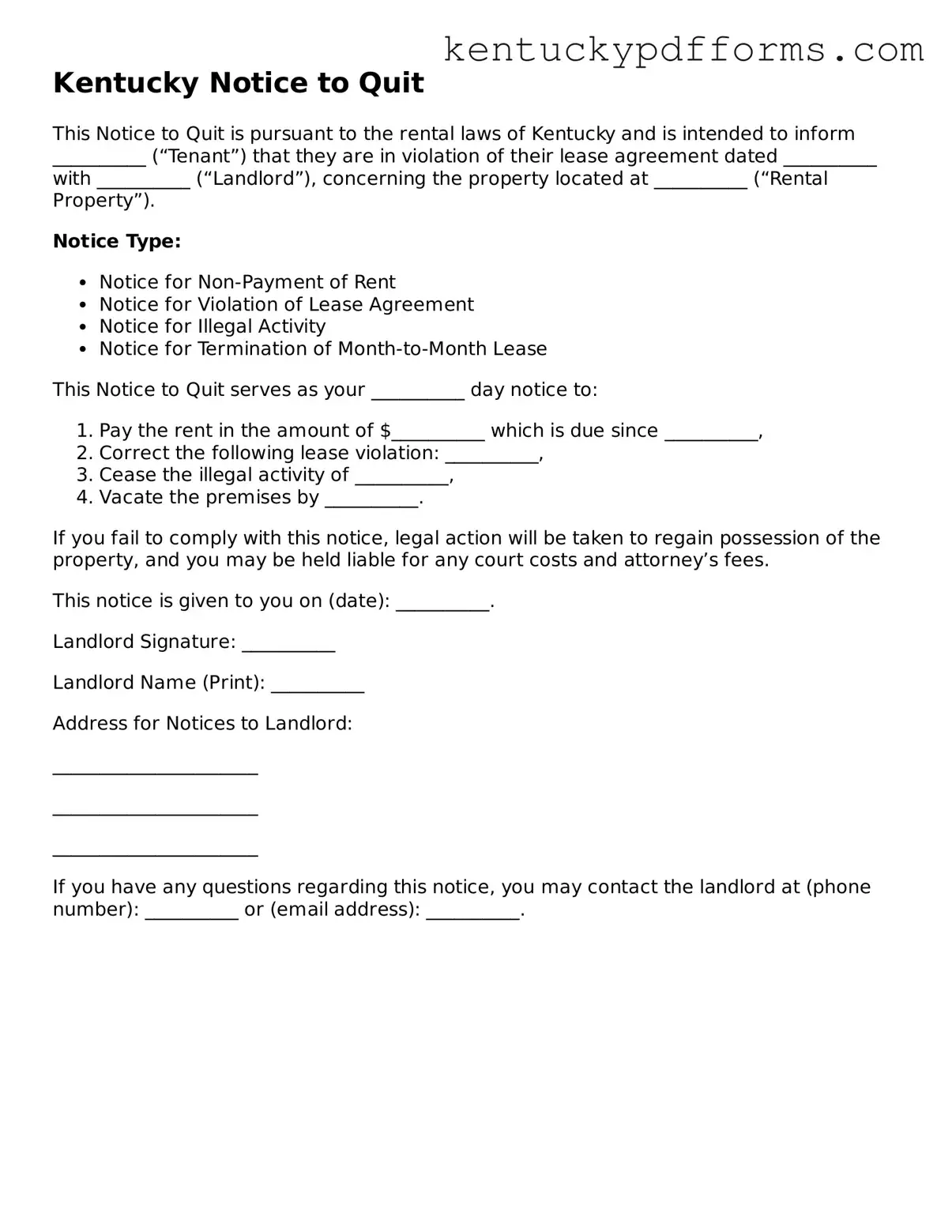 Kentucky Notice to Quit Document