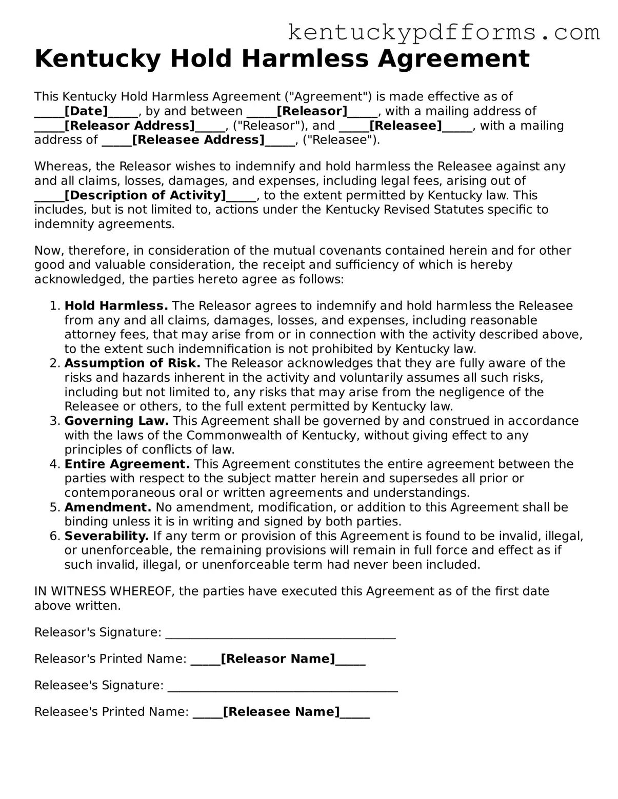 Kentucky Hold Harmless Agreement Document