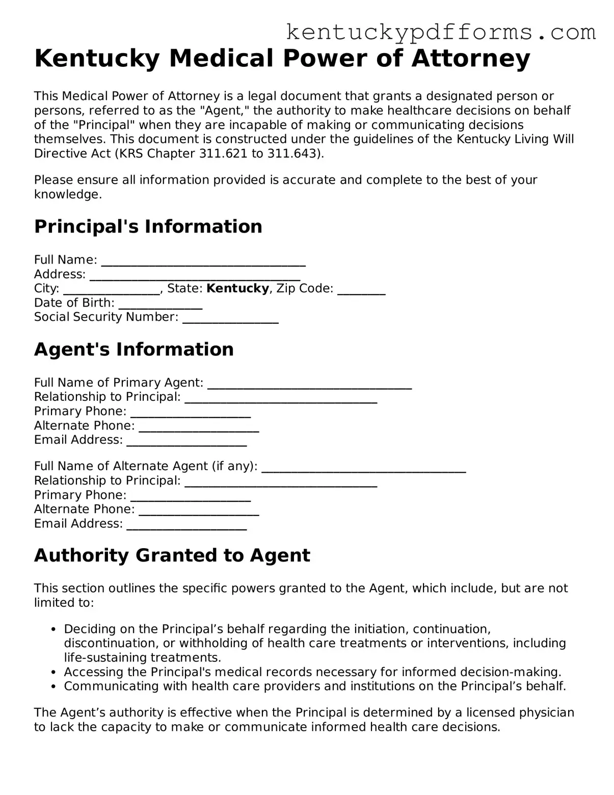 Kentucky Medical Power of Attorney Document