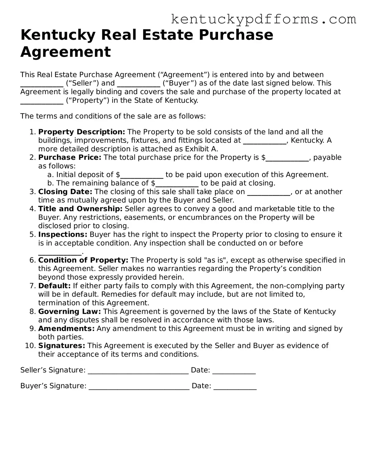 Kentucky Real Estate Purchase Agreement Document