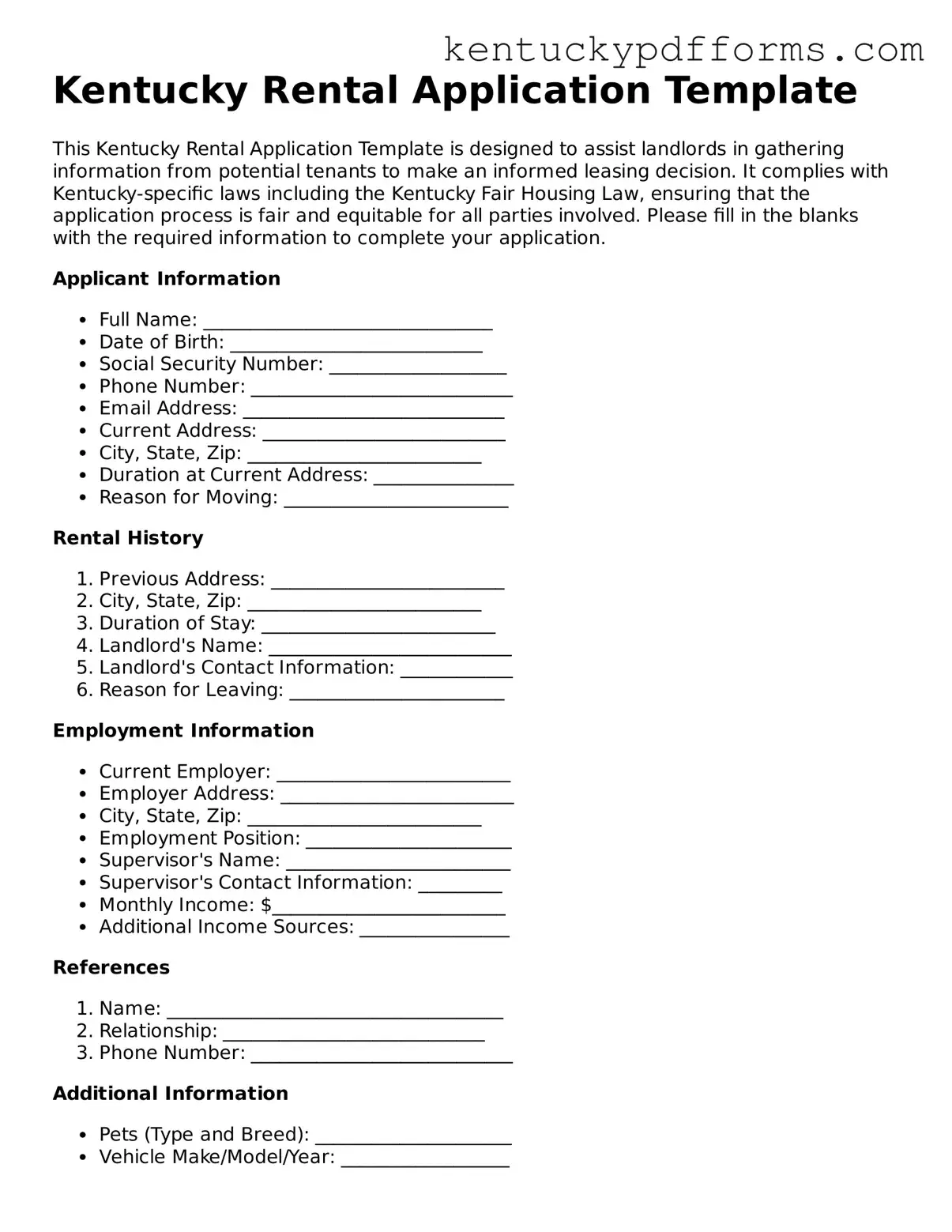 Kentucky Rental Application Document