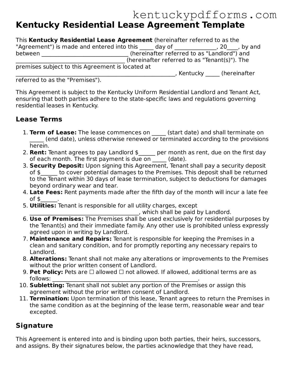 Kentucky Residential Lease Agreement Document