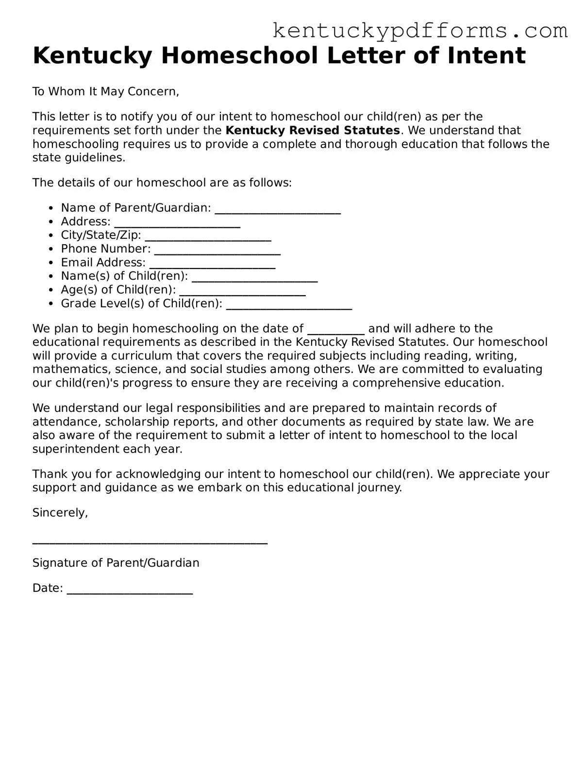 Kentucky Homeschool Letter of Intent Document