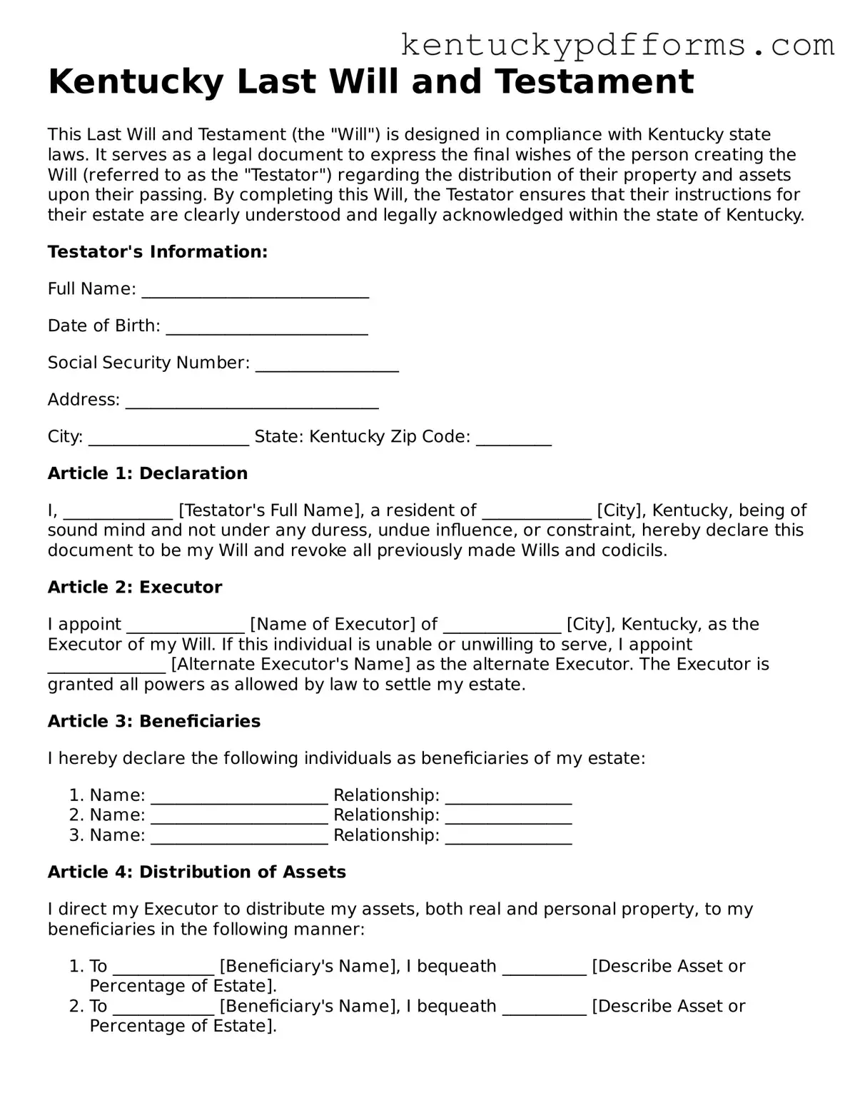 Kentucky Last Will and Testament Document