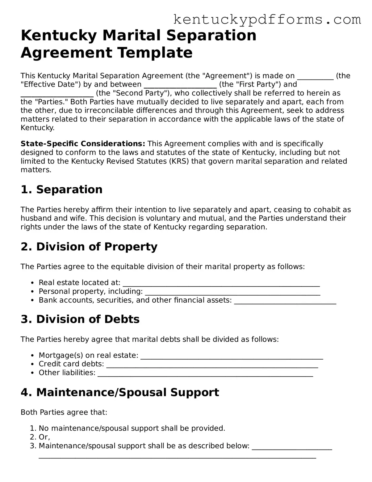 Kentucky Marital Separation Agreement Document