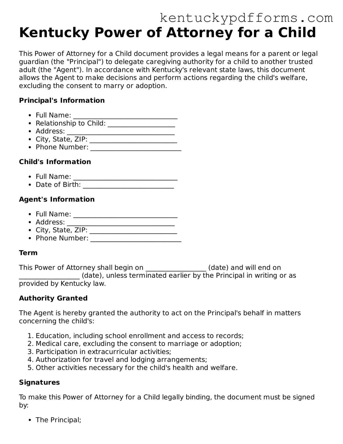 Kentucky Power of Attorney for a Child Document