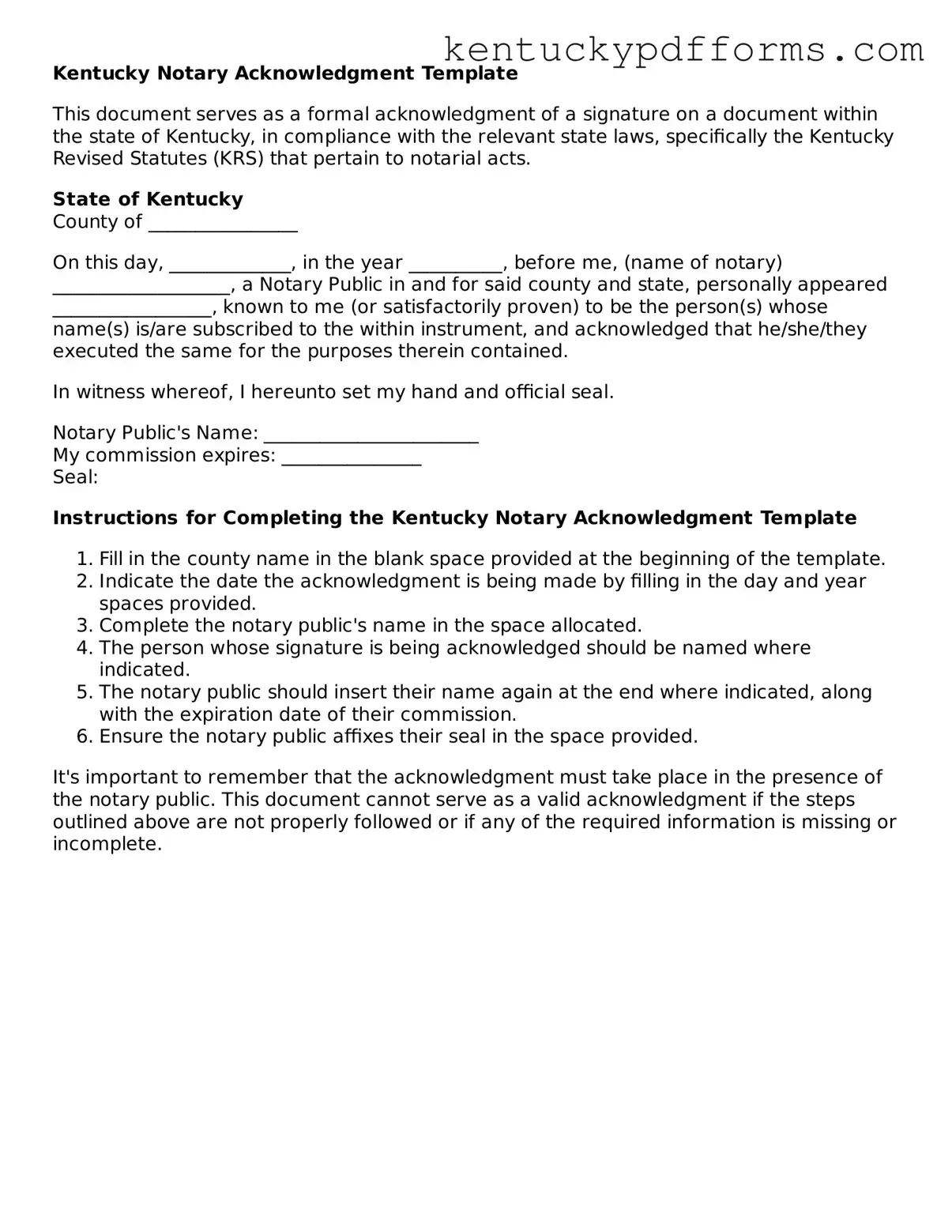Kentucky Notary Acknowledgement Document