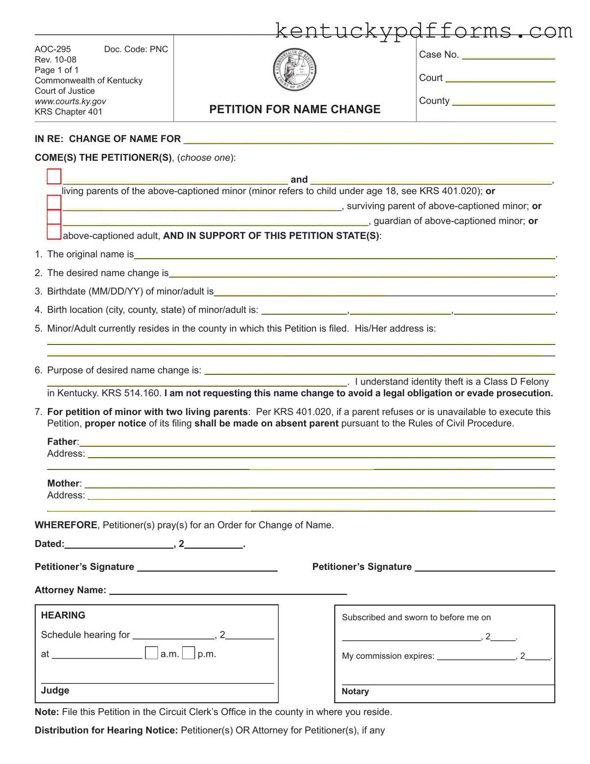 Fill Out Your Kentucky Petition Name Change Form