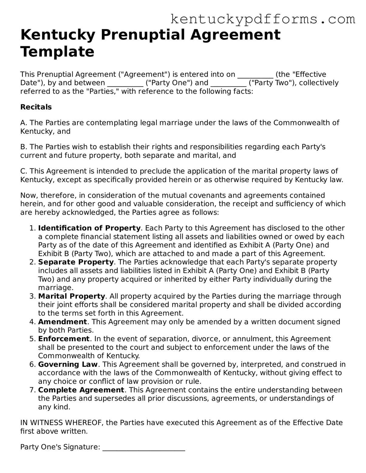 Kentucky Prenuptial Agreement Document