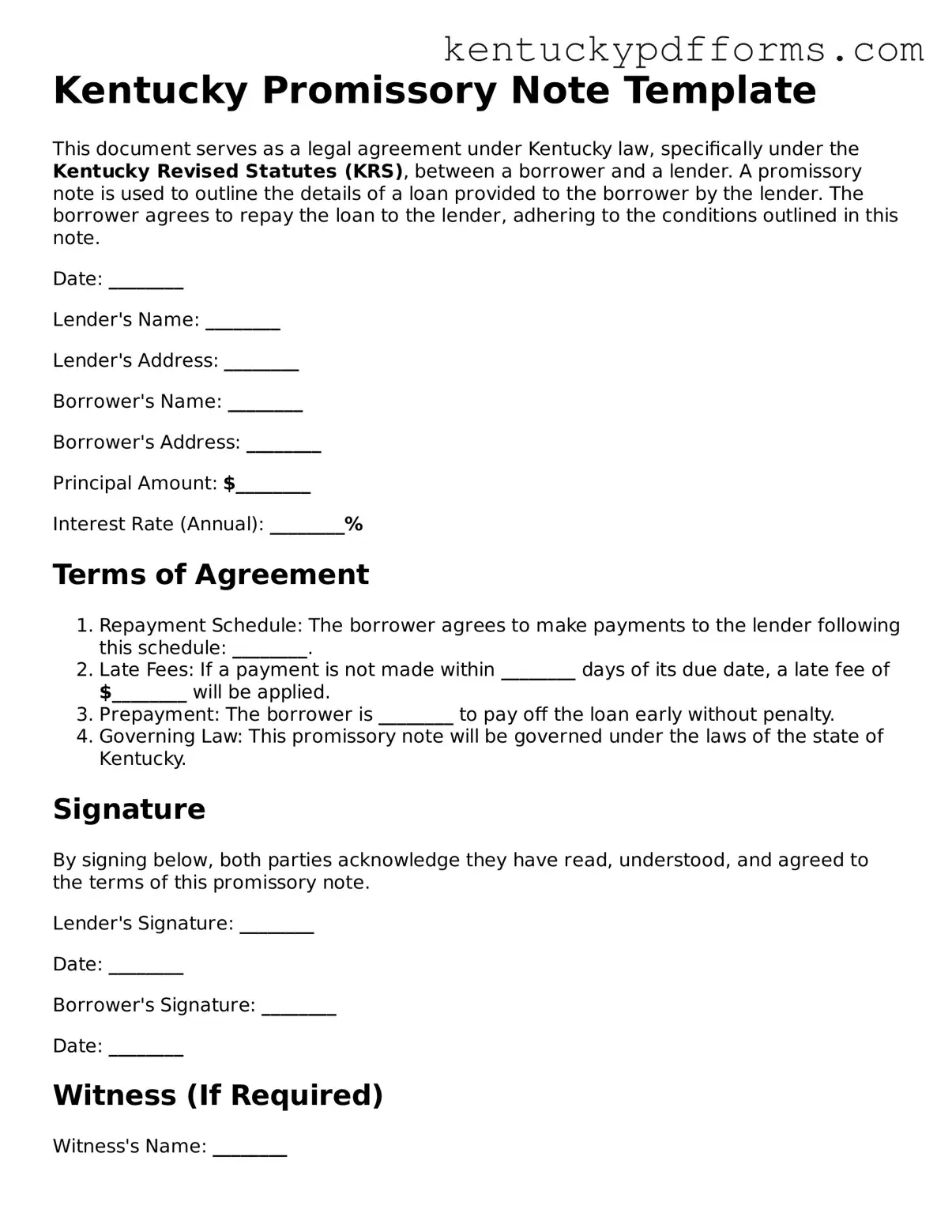 Kentucky Promissory Note Document