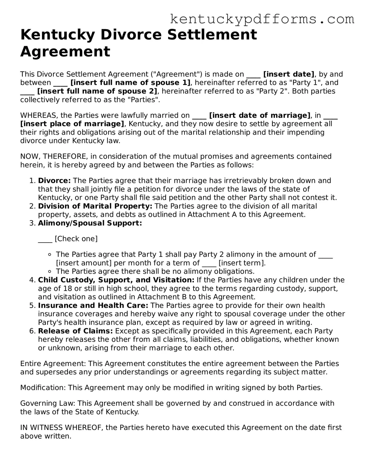 Kentucky Divorce Settlement Agreement Document