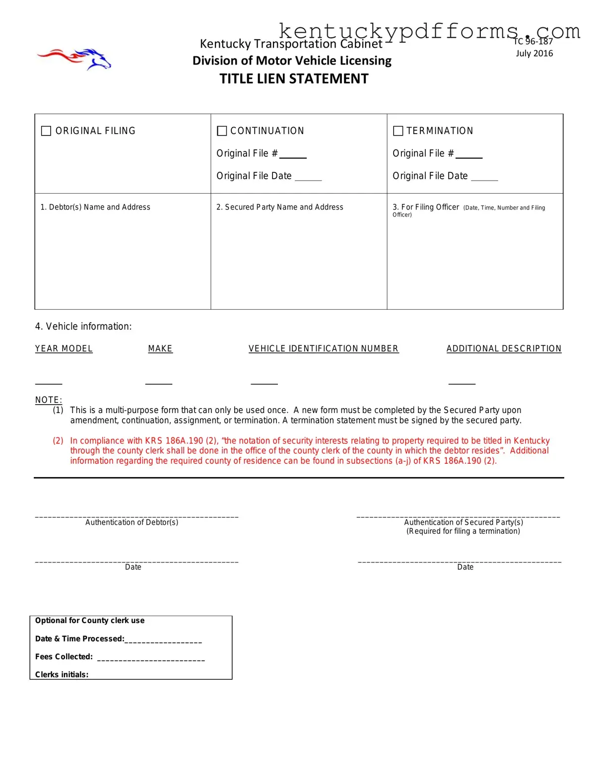 Fill Out Your Kentucky Tc 96 187 Form