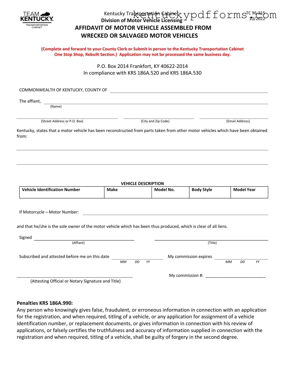 Fill Out Your Kentucky Tc 96 215 Form
