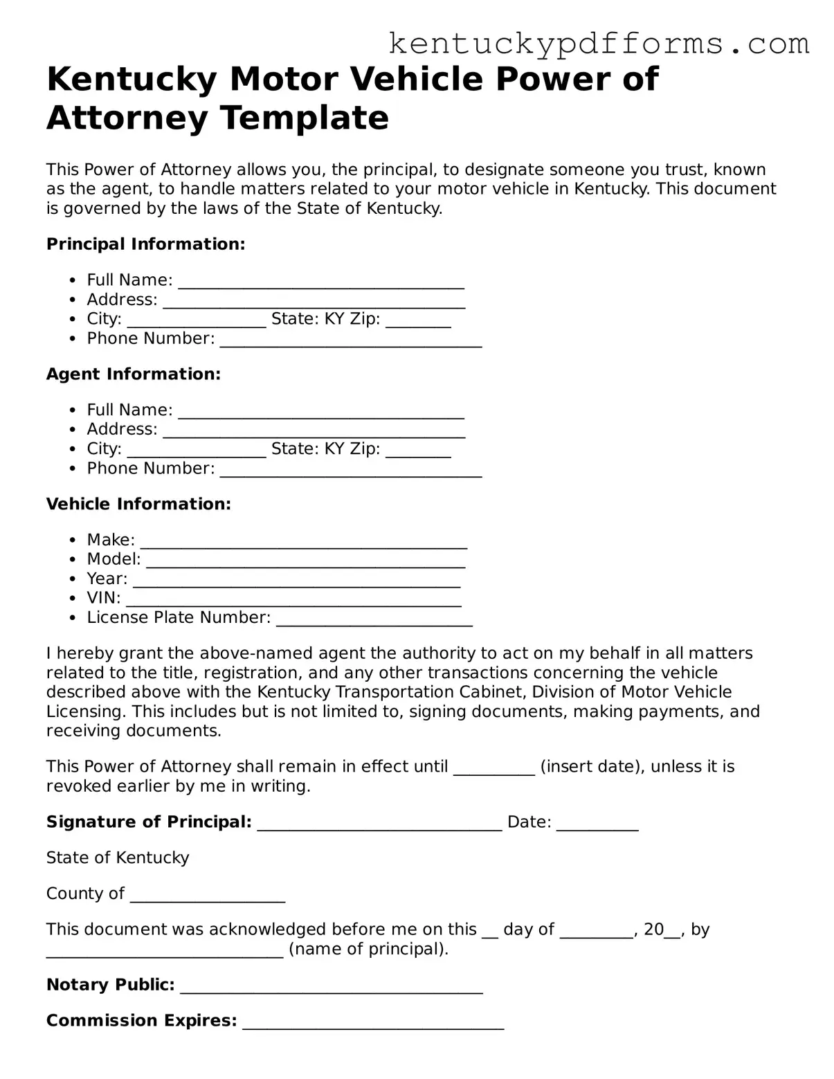 Kentucky Motor Vehicle Power of Attorney Document