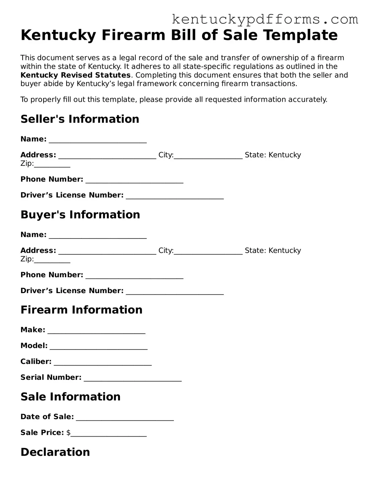 Kentucky Firearm Bill of Sale Document