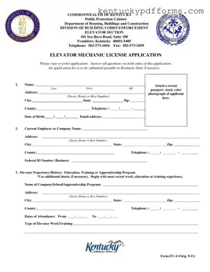 Fill Out Your Kentucky Elevator Mechanic License Form