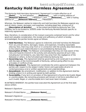 Kentucky Hold Harmless Agreement Document