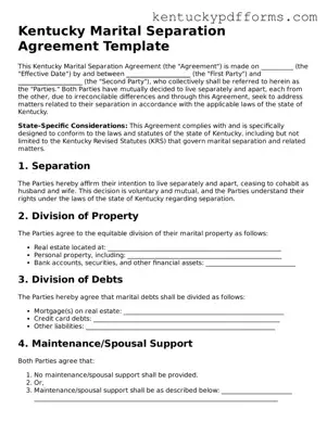 Kentucky Marital Separation Agreement Document
