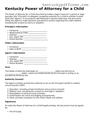 Kentucky Power of Attorney for a Child Document